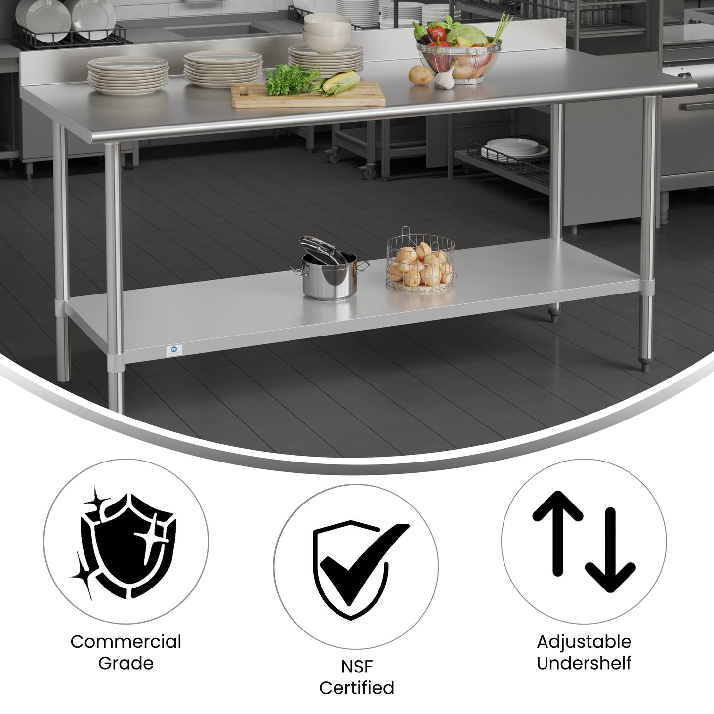 Reese Commercial Grade 430 Stainless Steel 18 Gauge NSF Certified 30" x 72" Kitchen Prep and Work Table with Adjustable Shelf and 4" Backsplash Stainless Steel