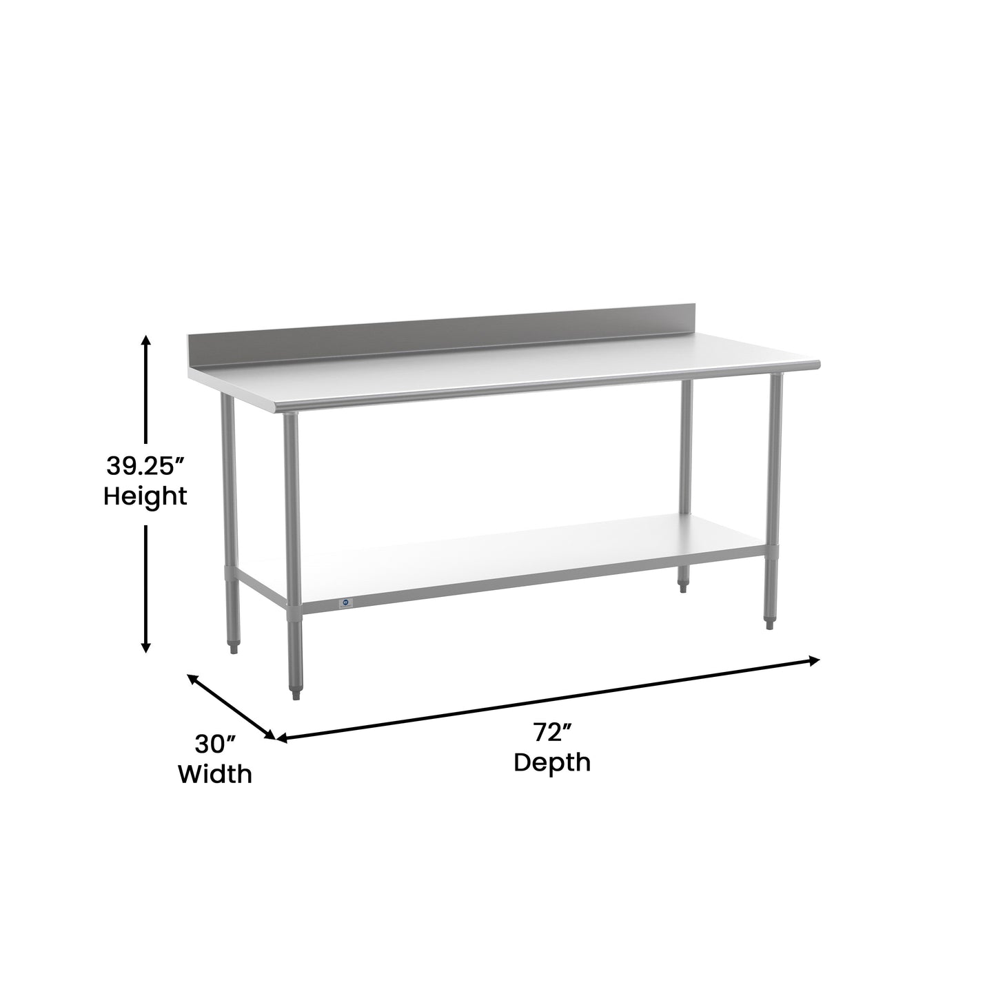 Reese Commercial Grade 430 Stainless Steel 18 Gauge NSF Certified 30" x 72" Kitchen Prep and Work Table with Adjustable Shelf and 4" Backsplash Stainless Steel