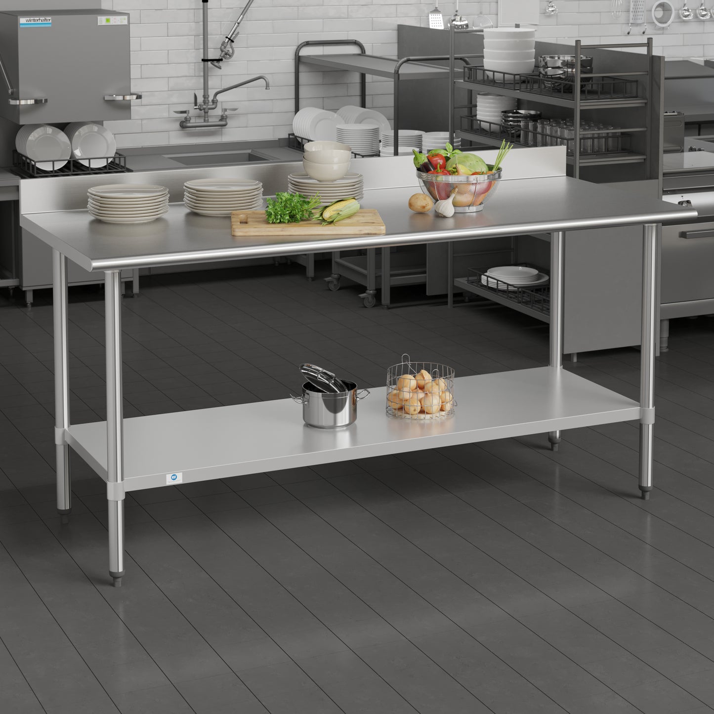 Reese Commercial Grade 430 Stainless Steel 18 Gauge NSF Certified 30" x 72" Kitchen Prep and Work Table with Adjustable Shelf and 4" Backsplash Stainless Steel