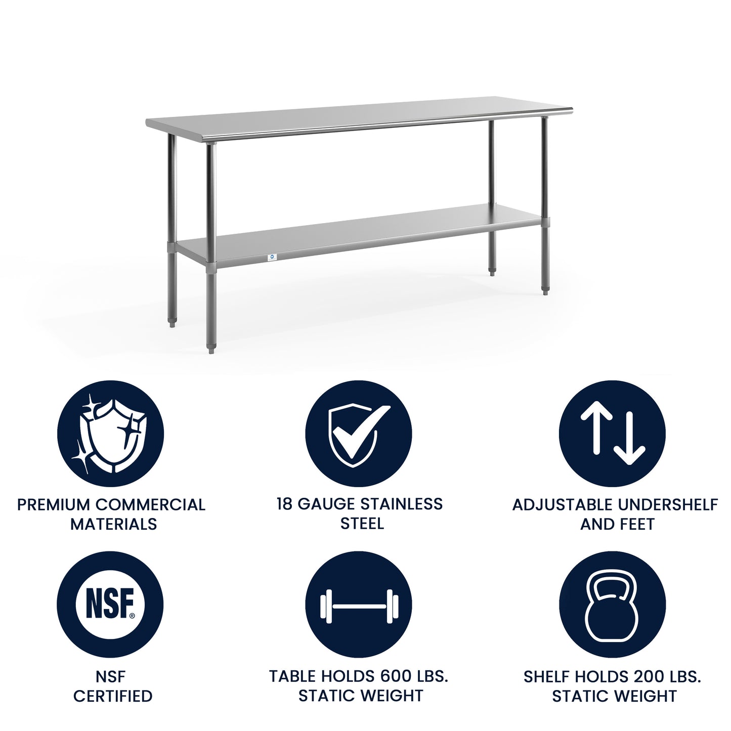 Reader Stainless Steel 18 Gauge Prep and Work Table with Undershelf - NSF Certified - 72"W x 30"D x 34.5"H Stainless Steel