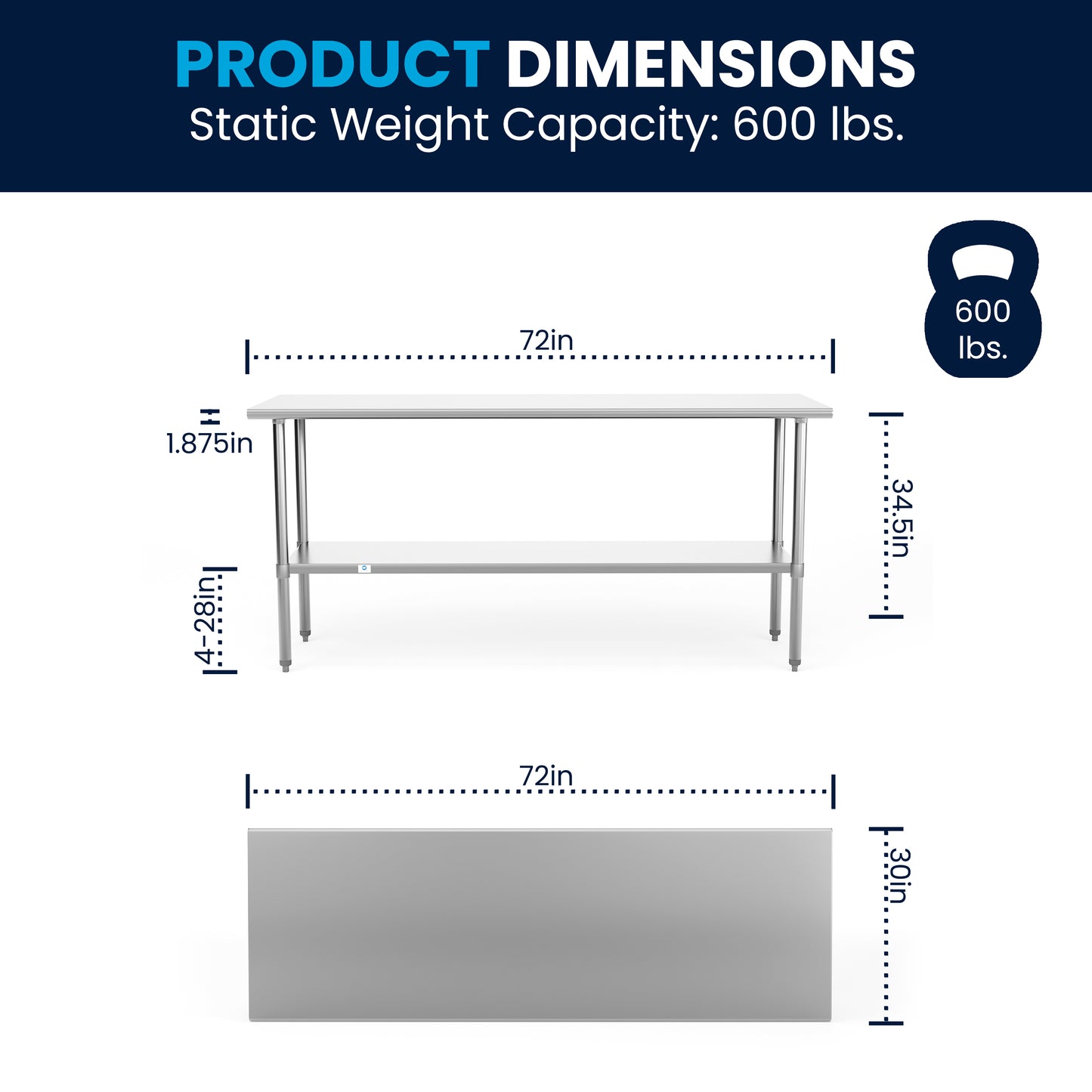 Reader Stainless Steel 18 Gauge Prep and Work Table with Undershelf - NSF Certified - 72"W x 30"D x 34.5"H Stainless Steel