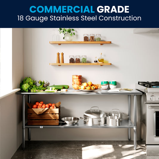 Reader Stainless Steel 18 Gauge Prep and Work Table with Undershelf - NSF Certified - 72"W x 30"D x 34.5"H Stainless Steel