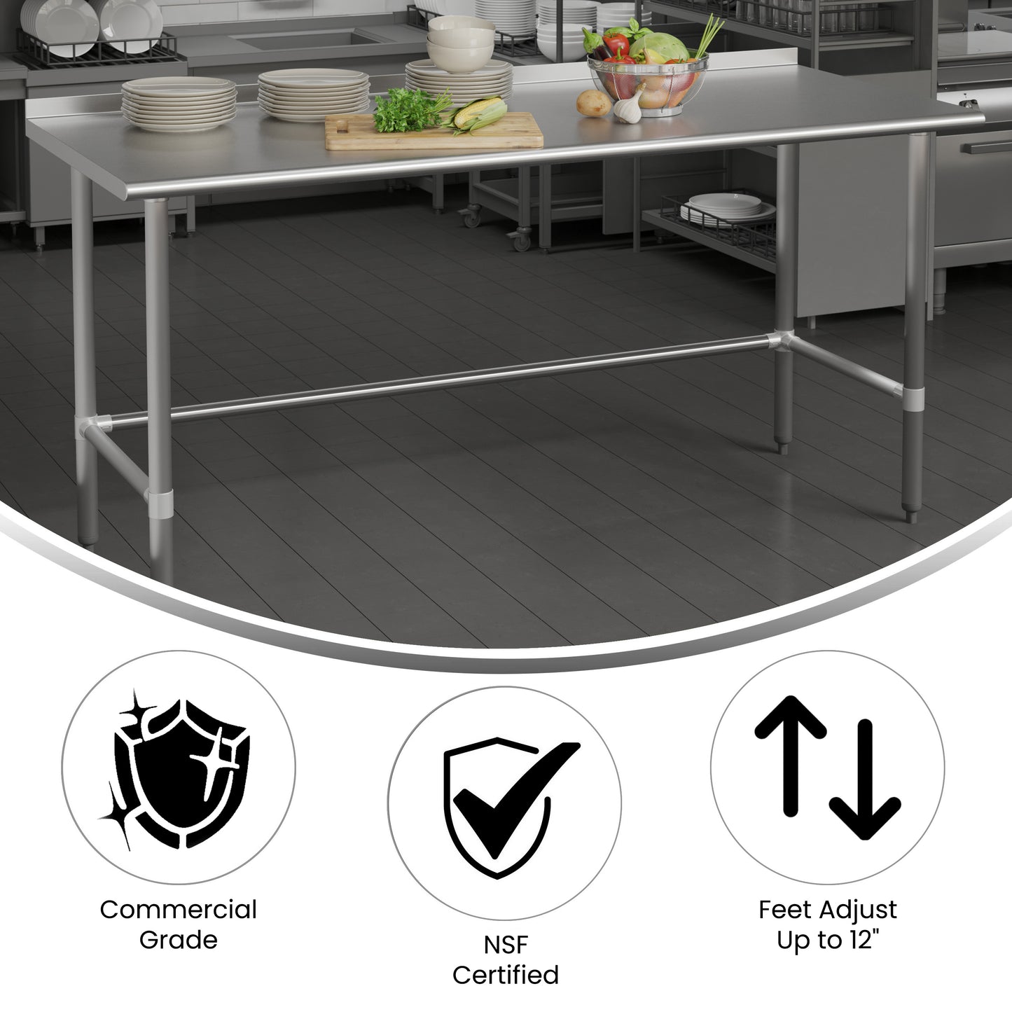 Reese Commercial Grade 430 Stainless Steel 18 Gauge NSF Certified Open Base Kitchen Prep and Work Table with 1.5" Backsplash Stainless Steel