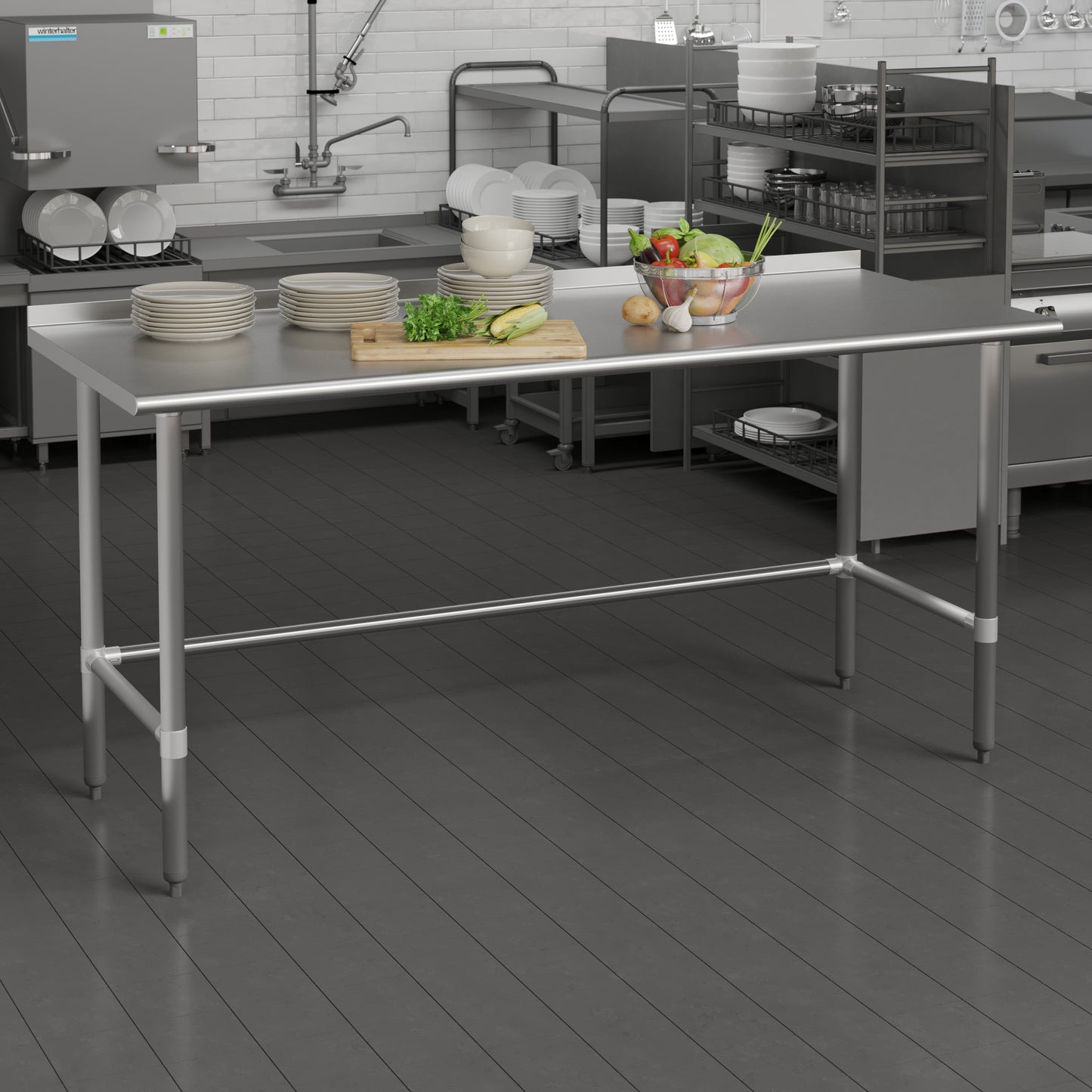 Reese Commercial Grade 430 Stainless Steel 18 Gauge NSF Certified Open Base Kitchen Prep and Work Table with 1.5" Backsplash Stainless Steel