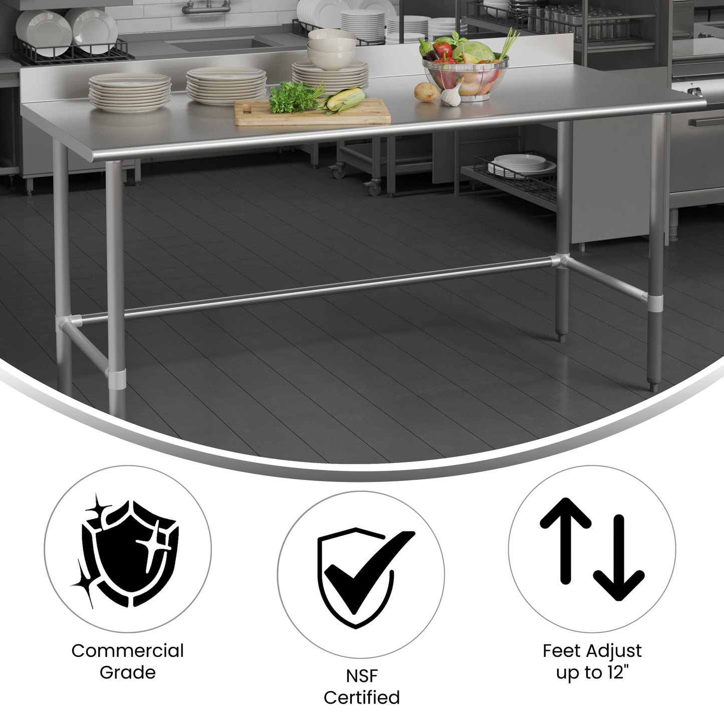 Reese Commercial Grade 430 Stainless Steel 18 Gauge NSF Certified Open Base Kitchen Prep and Work Table with 4" Backsplash Stainless Steel