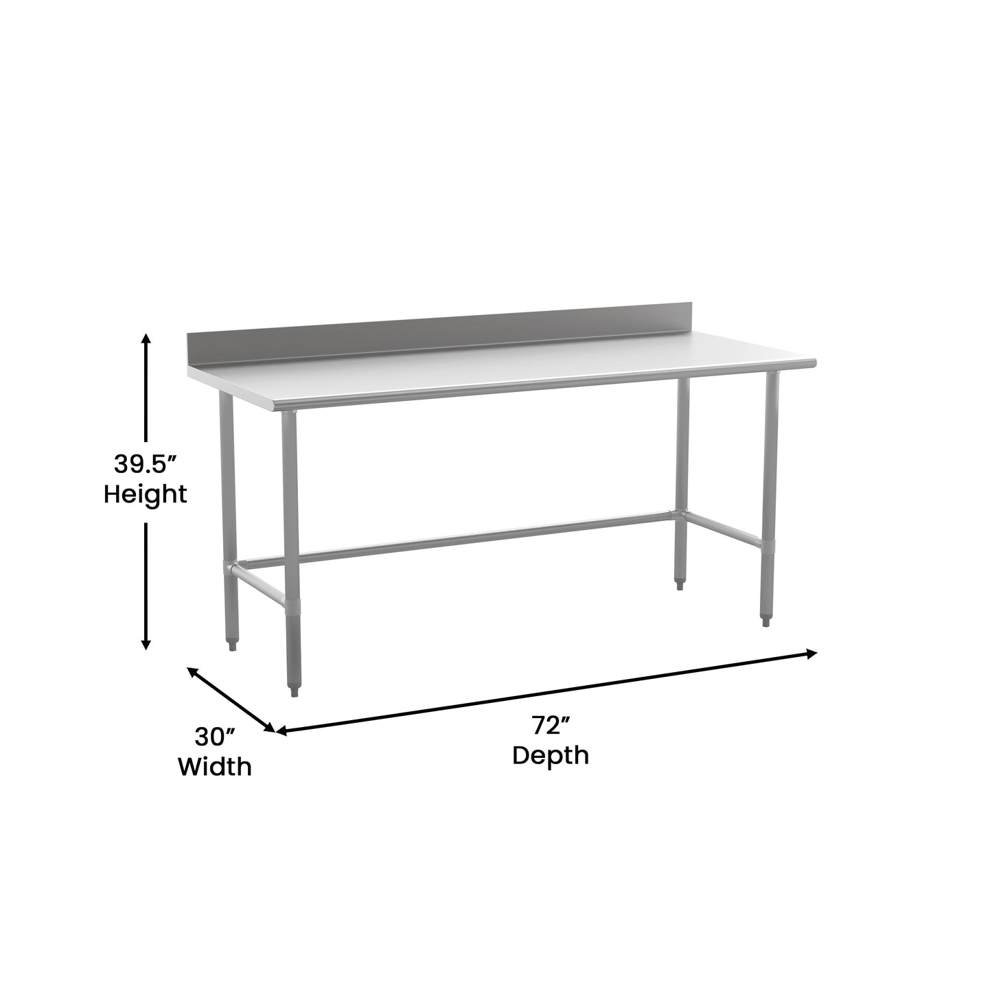 Reese Commercial Grade 430 Stainless Steel 18 Gauge NSF Certified Open Base Kitchen Prep and Work Table with 4" Backsplash Stainless Steel