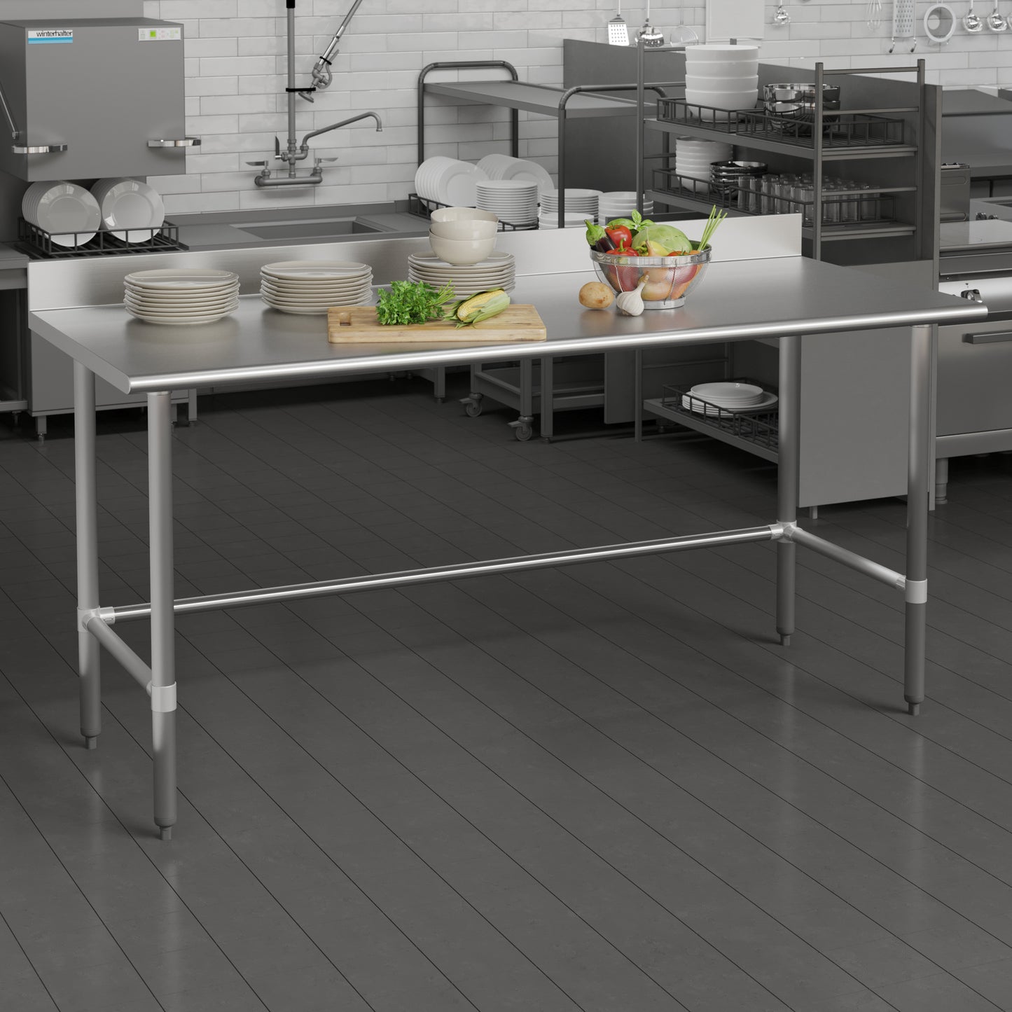 Reese Commercial Grade 430 Stainless Steel 18 Gauge NSF Certified Open Base Kitchen Prep and Work Table with 4" Backsplash Stainless Steel