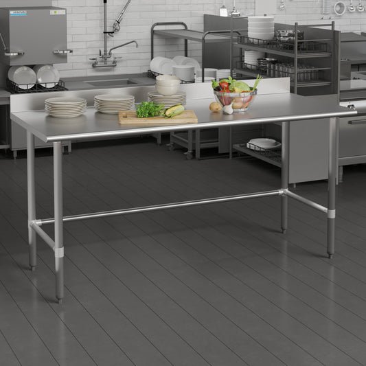 Reese Commercial Grade 430 Stainless Steel 18 Gauge NSF Certified Open Base Kitchen Prep and Work Table with 4" Backsplash Stainless Steel