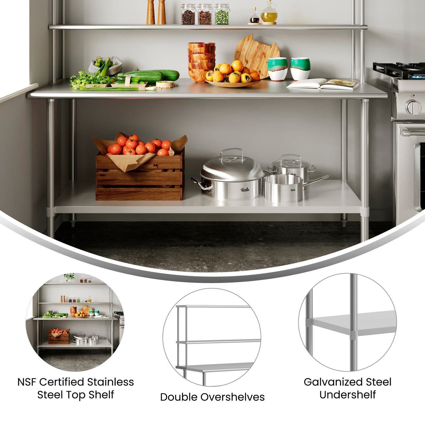 Reader Portable Prep and Work Table with NSF Certified 18 Gauge Stainless Steel Top Shelf and Double Overshelves and Galvanized Steel Undershelf Stainless Steel