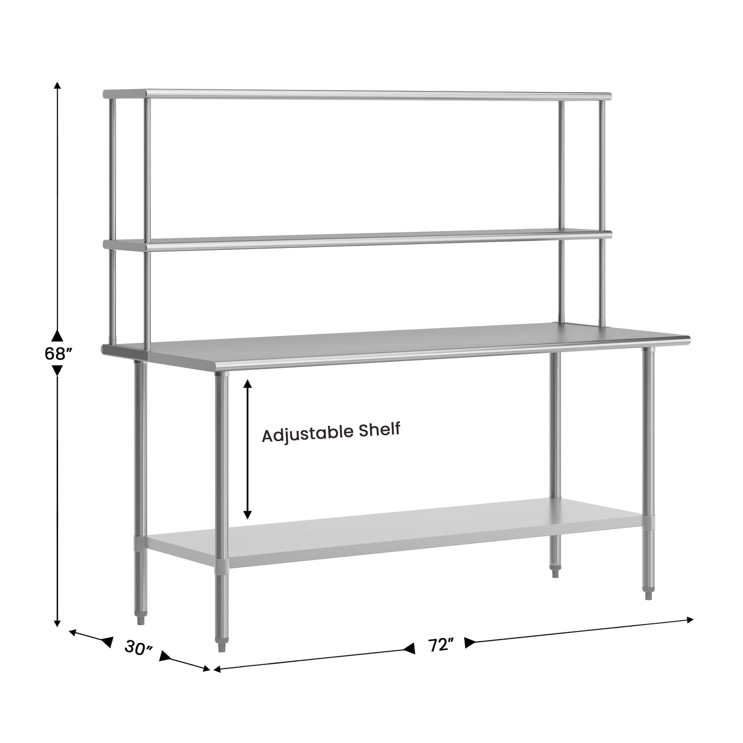 Reader Portable Prep and Work Table with NSF Certified 18 Gauge Stainless Steel Top Shelf and Double Overshelves and Galvanized Steel Undershelf Stainless Steel