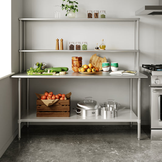 Reader Portable Prep and Work Table with NSF Certified 18 Gauge Stainless Steel Top Shelf and Double Overshelves and Galvanized Steel Undershelf Stainless Steel