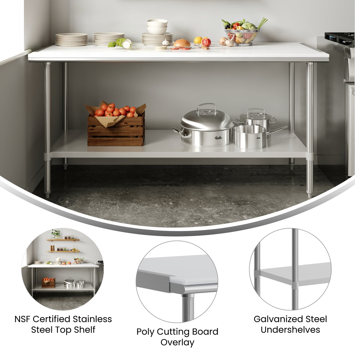 Reader Portable Prep and Work Table with NSF Certified 18 Gauge Stainless Steel Top Shelf with Poly Cutting Board and Galvanized Steel Undershelf Stainless Steel