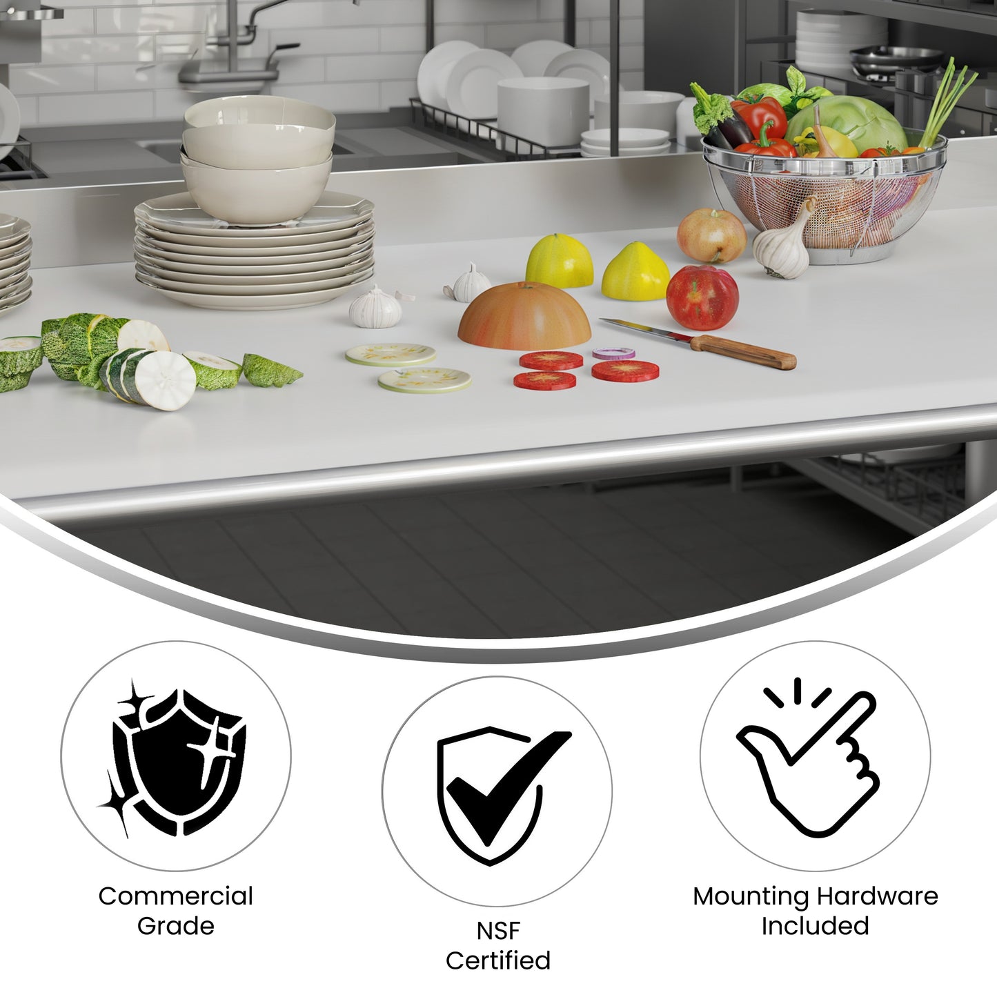 Denton Commercial Grade NSF Certified High-Pressure 0.75" Thick Poly Top Cutting Board with Brackets for Kitchen Tabletop White