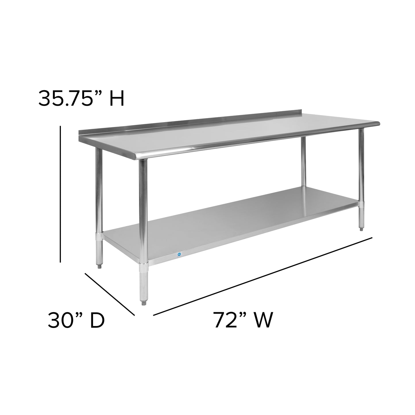 Reader Stainless Steel 18 Gauge Prep and Work Table with 1.5" Backsplash and Undershelf - NSF Certified - 72"W x 30"D x 36"H Stainless Steel