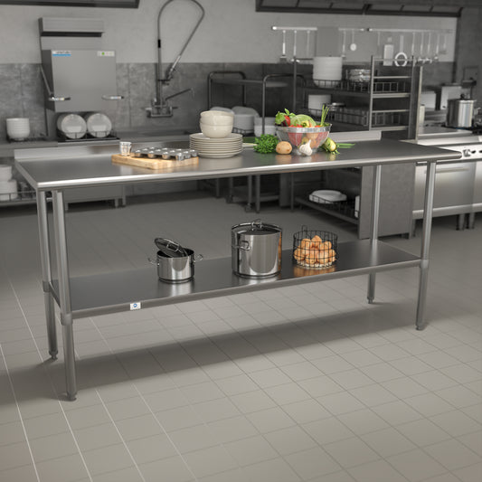 Reader Stainless Steel 18 Gauge Prep and Work Table with 1.5" Backsplash and Undershelf - NSF Certified - 72"W x 30"D x 36"H Stainless Steel