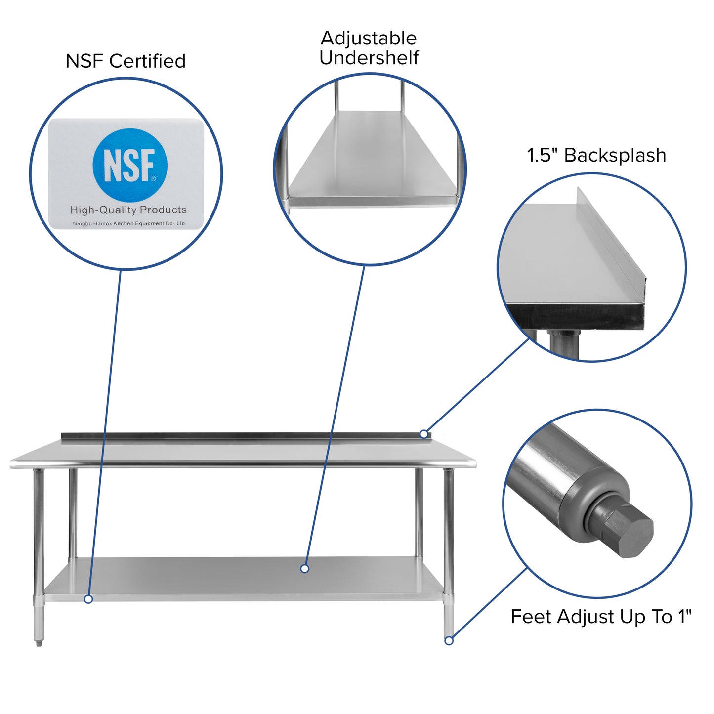 Reader Stainless Steel 18 Gauge Prep and Work Table with 1.5" Backsplash and Undershelf - NSF Certified - 72"W x 30"D x 36"H Stainless Steel