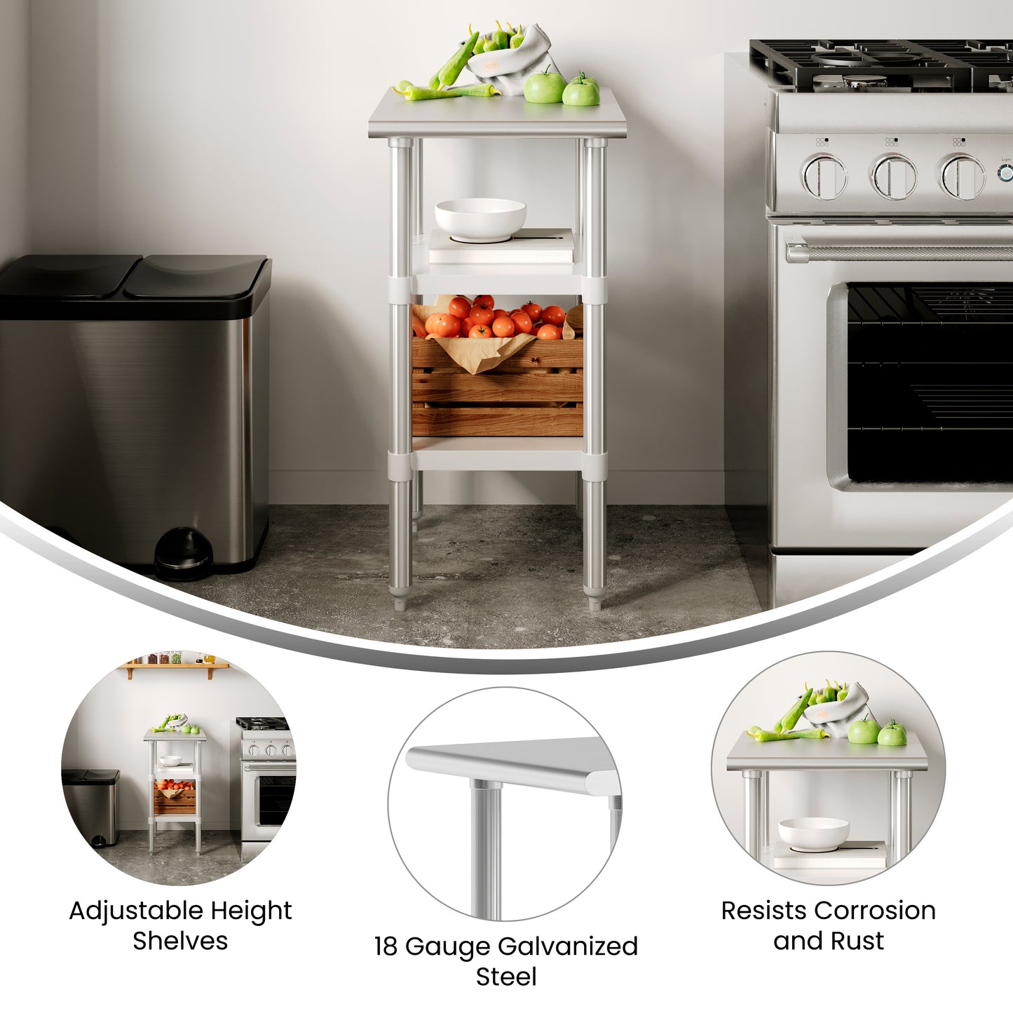 Reese 24x18 Portable Prep and Work Table with NSF Certified 18 Gauge Stainless Steel Top Shelf and 2 Adjustable Galvanized Steel Undershelves Stainless Steel