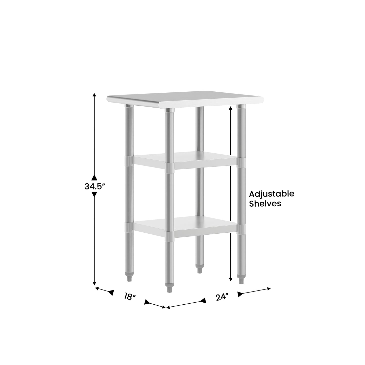 Reese 24x18 Portable Prep and Work Table with NSF Certified 18 Gauge Stainless Steel Top Shelf and 2 Adjustable Galvanized Steel Undershelves Stainless Steel
