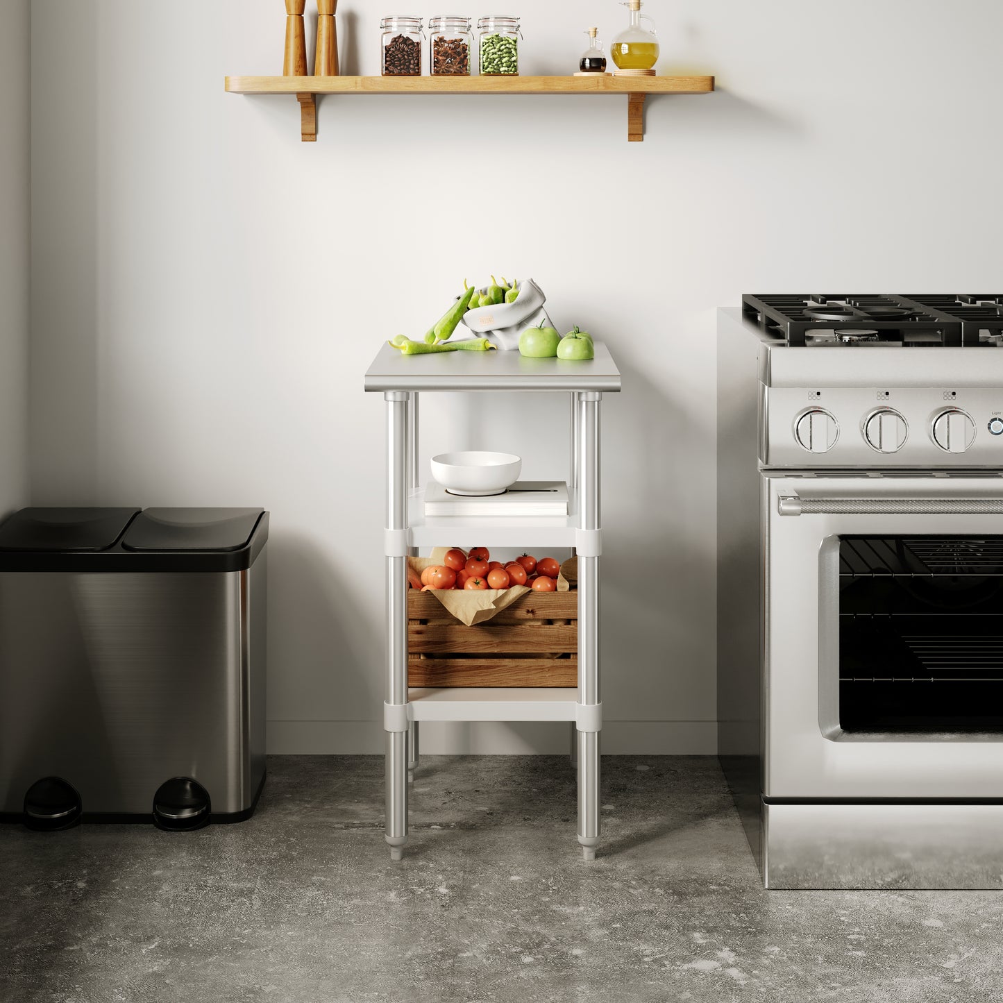 Reese 24x18 Portable Prep and Work Table with NSF Certified 18 Gauge Stainless Steel Top Shelf and 2 Adjustable Galvanized Steel Undershelves Stainless Steel