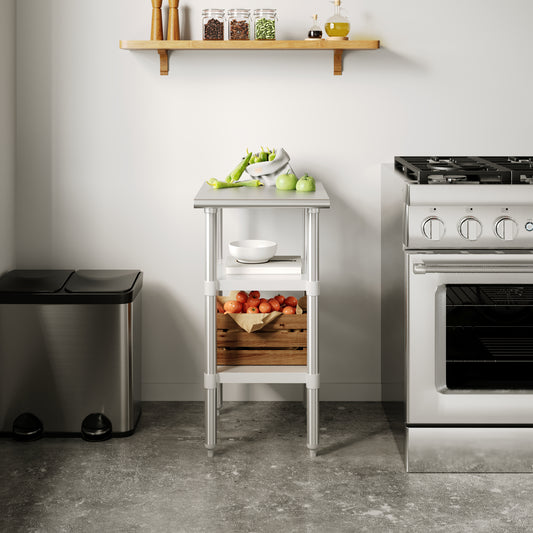 Reese 24x18 Portable Prep and Work Table with NSF Certified 18 Gauge Stainless Steel Top Shelf and 2 Adjustable Galvanized Steel Undershelves Stainless Steel