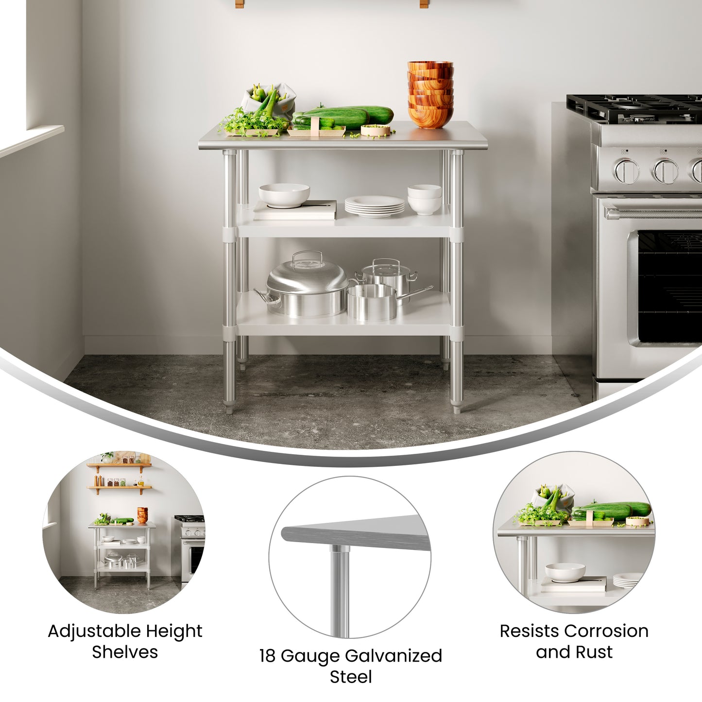 Reese 24x36 Portable Prep and Work Table with NSF Certified 18 Gauge Stainless Steel Top Shelf and 2 Adjustable Galvanized Steel Undershelves Stainless Steel