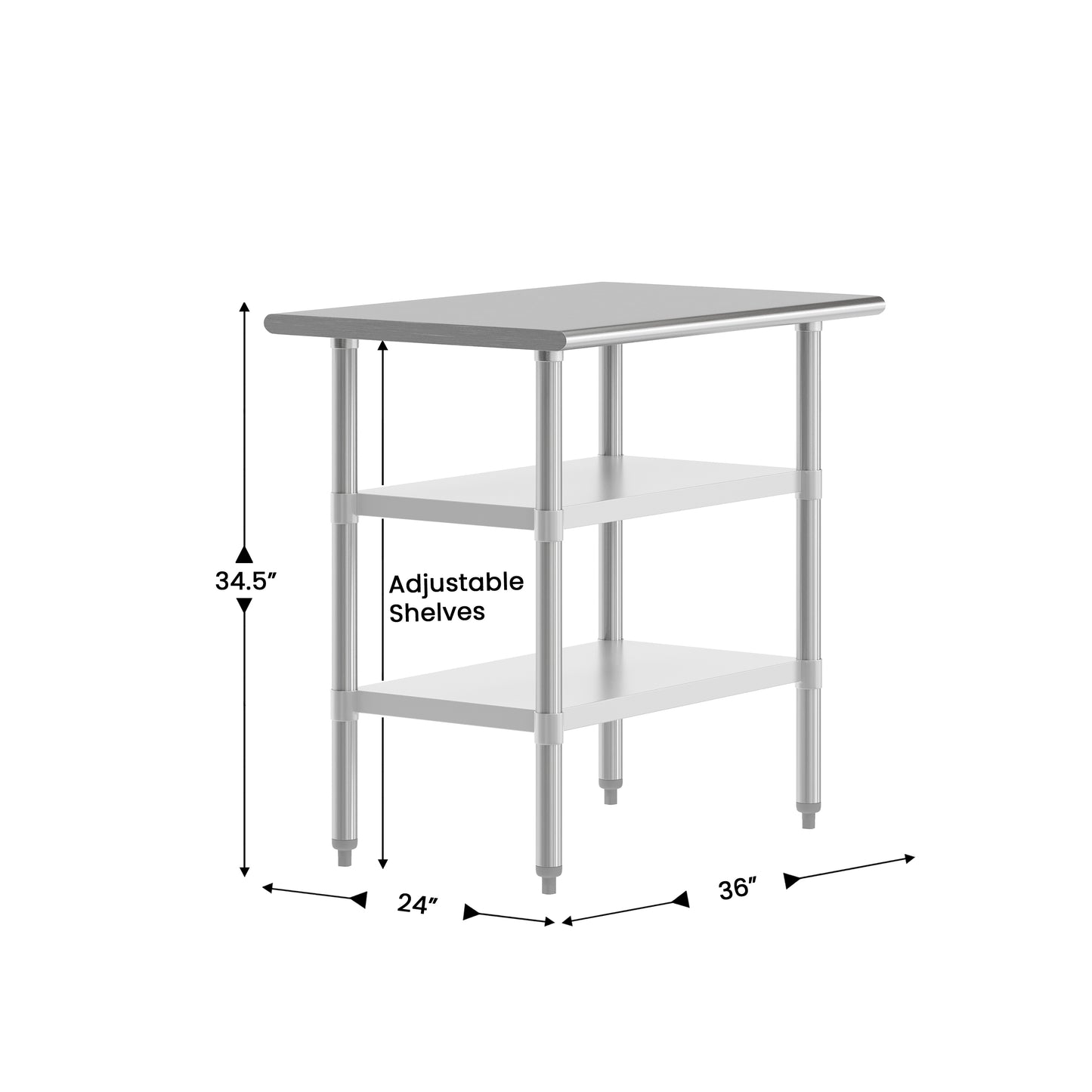 Reese 24x36 Portable Prep and Work Table with NSF Certified 18 Gauge Stainless Steel Top Shelf and 2 Adjustable Galvanized Steel Undershelves Stainless Steel