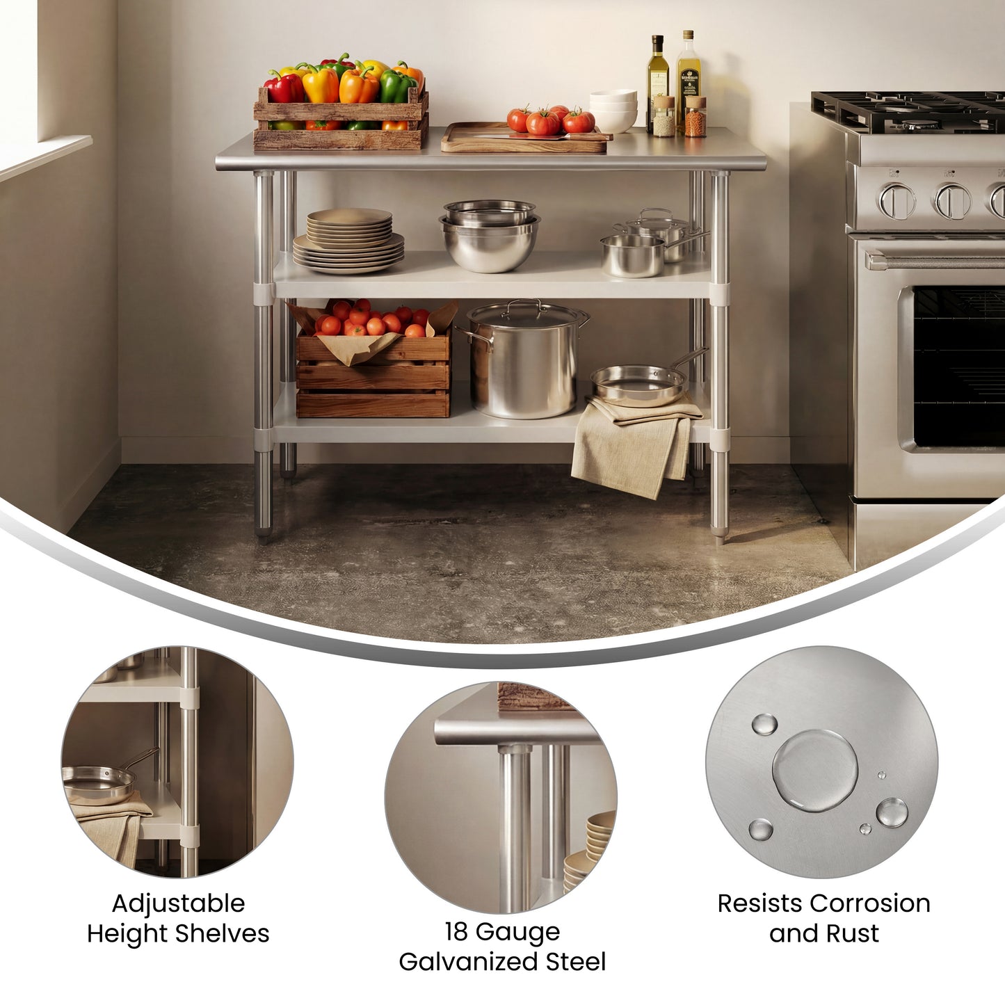 Hogan Stainless Steel 18 Gauge Work Table with 2 Undershelves - NSF Certified - 48"W x 24"D x 34.5"H Stainless Steel