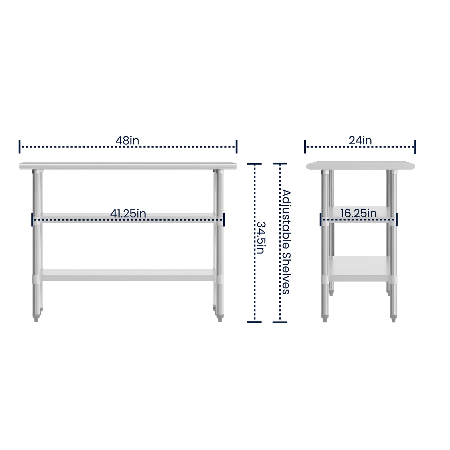 Hogan Stainless Steel 18 Gauge Work Table with 2 Undershelves - NSF Certified - 48"W x 24"D x 34.5"H Stainless Steel