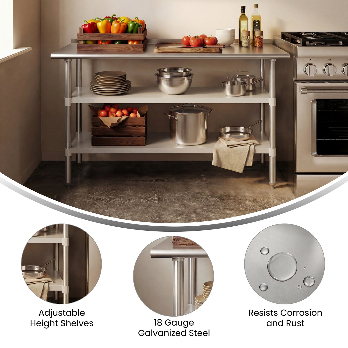 Randolph Stainless Steel 18 Gauge Work Table with 1.5" Backsplash and 2 Undershelves - 60"W x 24"D x 36"H, NSF Stainless Steel