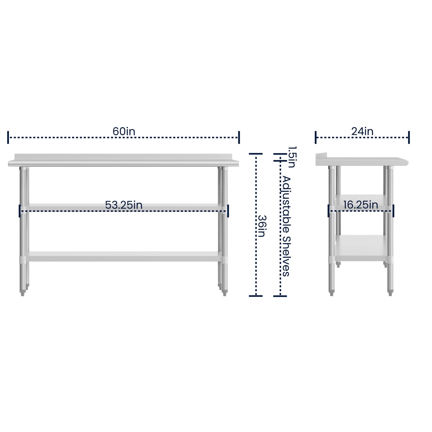 Randolph Stainless Steel 18 Gauge Work Table with 1.5" Backsplash and 2 Undershelves - 60"W x 24"D x 36"H, NSF Stainless Steel
