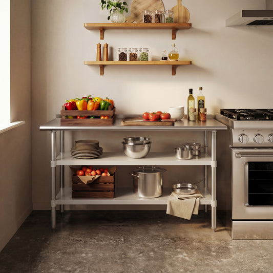 Randolph Stainless Steel 18 Gauge Work Table with 1.5" Backsplash and 2 Undershelves - 60"W x 24"D x 36"H, NSF Stainless Steel