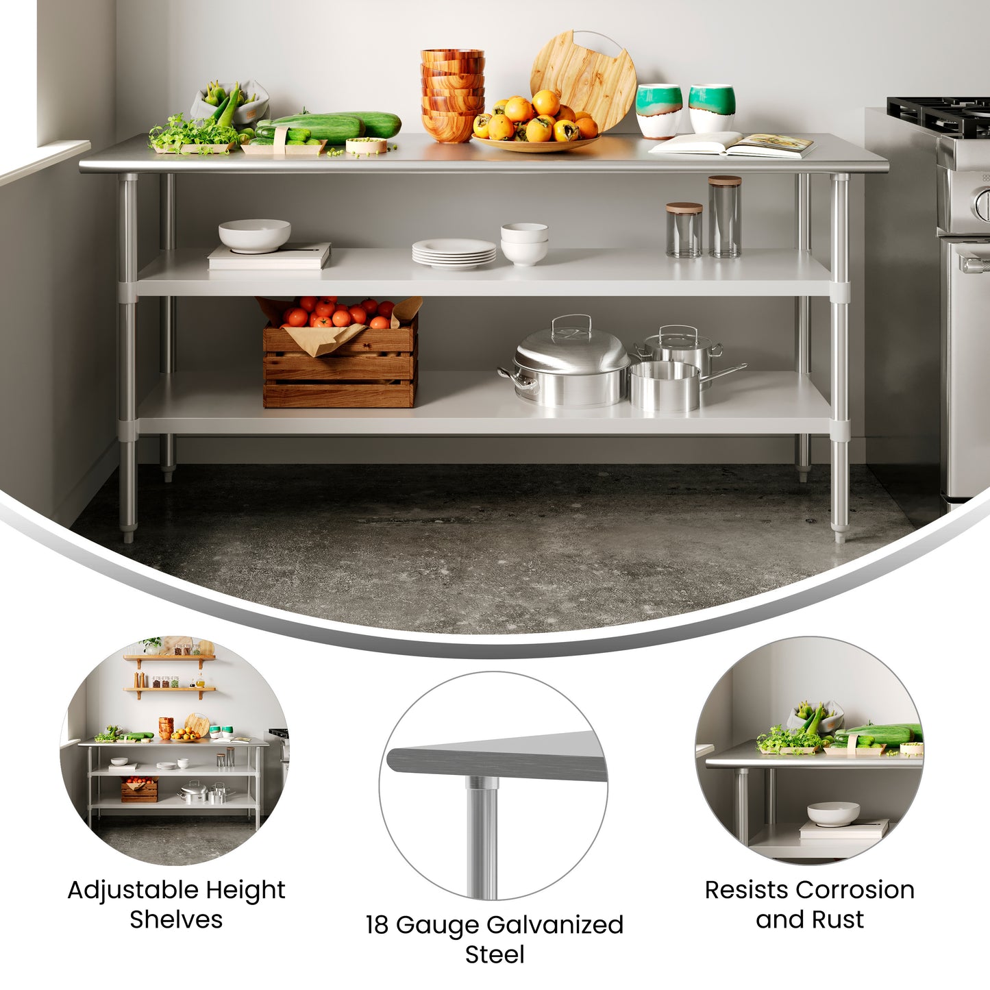 Reese 24x72 Portable Prep and Work Table with NSF Certified 18 Gauge Stainless Steel Top Shelf and 2 Adjustable Galvanized Steel Undershelves Stainless Steel
