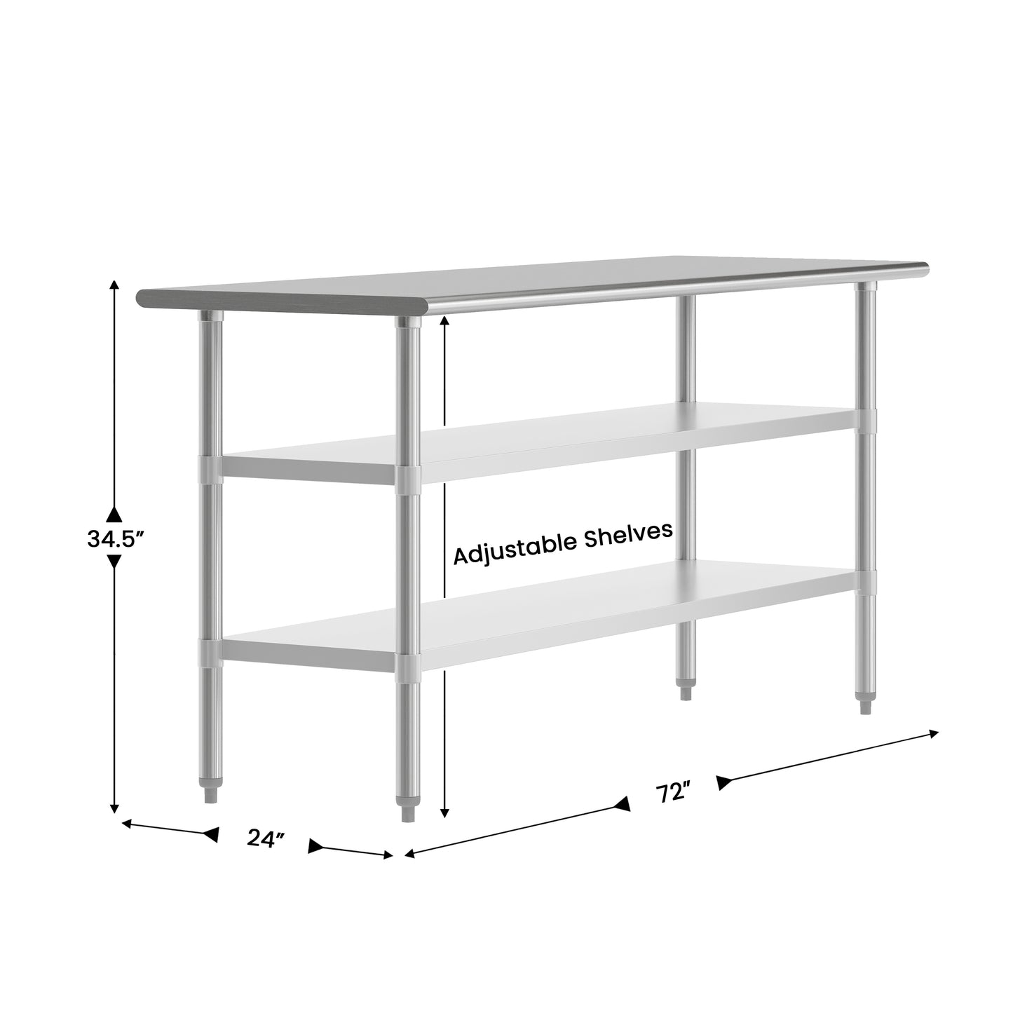 Reese 24x72 Portable Prep and Work Table with NSF Certified 18 Gauge Stainless Steel Top Shelf and 2 Adjustable Galvanized Steel Undershelves Stainless Steel