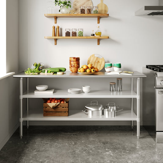 Reese 24x72 Portable Prep and Work Table with NSF Certified 18 Gauge Stainless Steel Top Shelf and 2 Adjustable Galvanized Steel Undershelves Stainless Steel