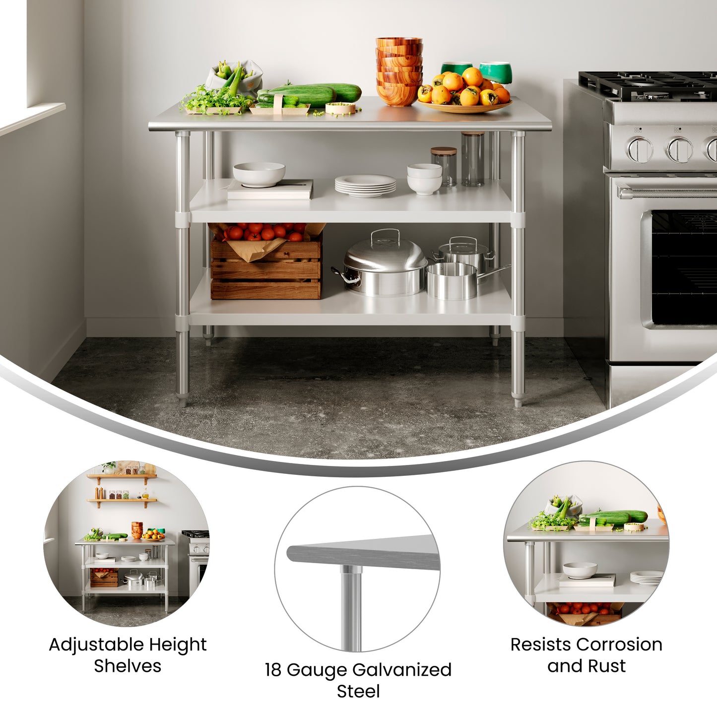 Reese 30x48 Portable Prep and Work Table with NSF Certified 18 Gauge Stainless Steel Top Shelf and 2 Adjustable Galvanized Steel Undershelves Stainless Steel