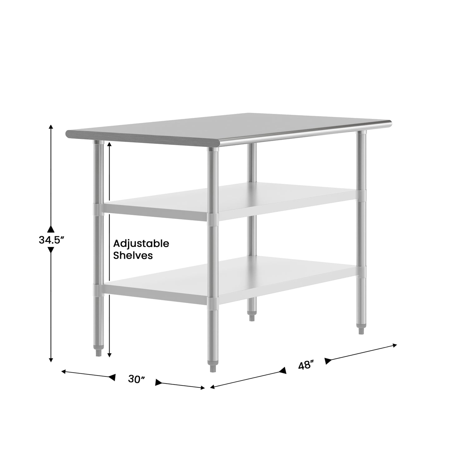 Reese 30x48 Portable Prep and Work Table with NSF Certified 18 Gauge Stainless Steel Top Shelf and 2 Adjustable Galvanized Steel Undershelves Stainless Steel