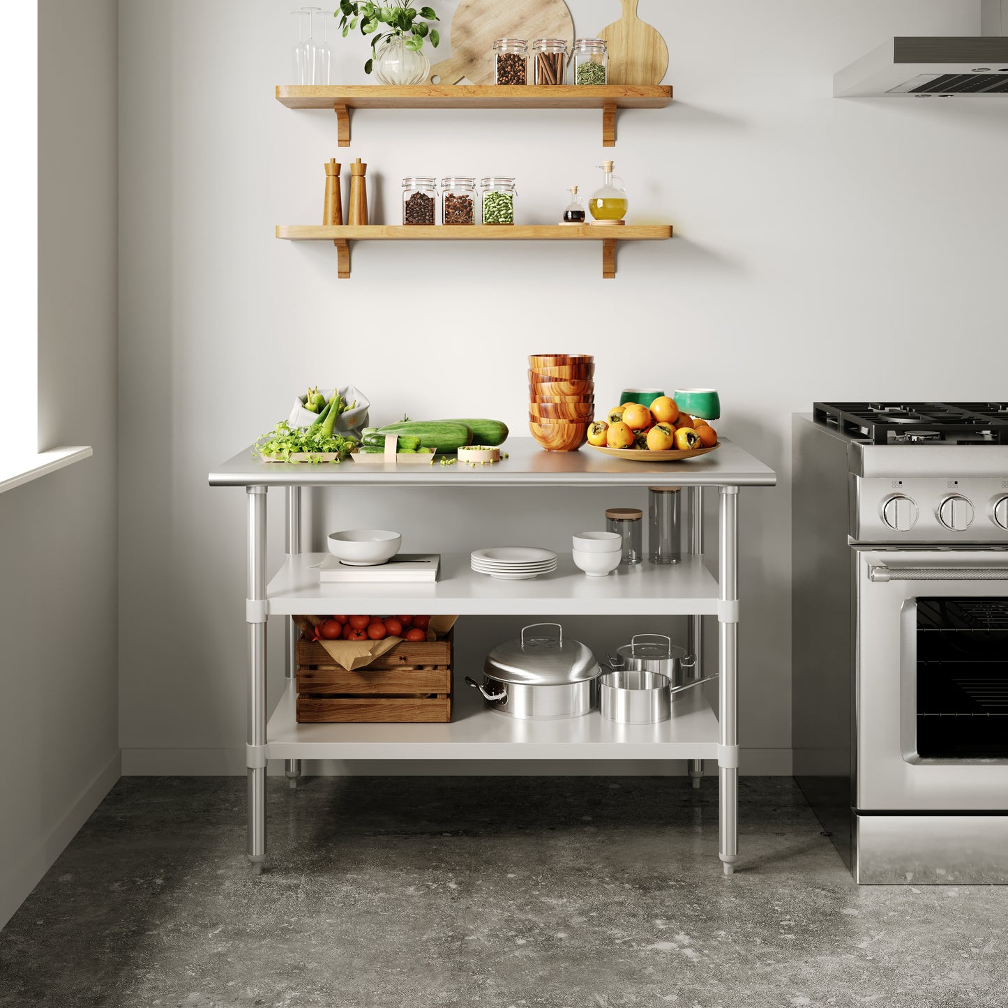 Reese 30x48 Portable Prep and Work Table with NSF Certified 18 Gauge Stainless Steel Top Shelf and 2 Adjustable Galvanized Steel Undershelves Stainless Steel