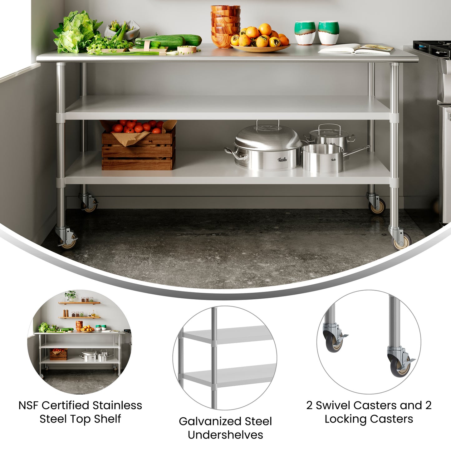 Reader NSF Certified Stainless Steel Prep and Work Table 30"x 72" with 2 Galvanized Steel Undershelves and 4 Casters, Heavy Duty Food Prep Worktable Stainless Steel