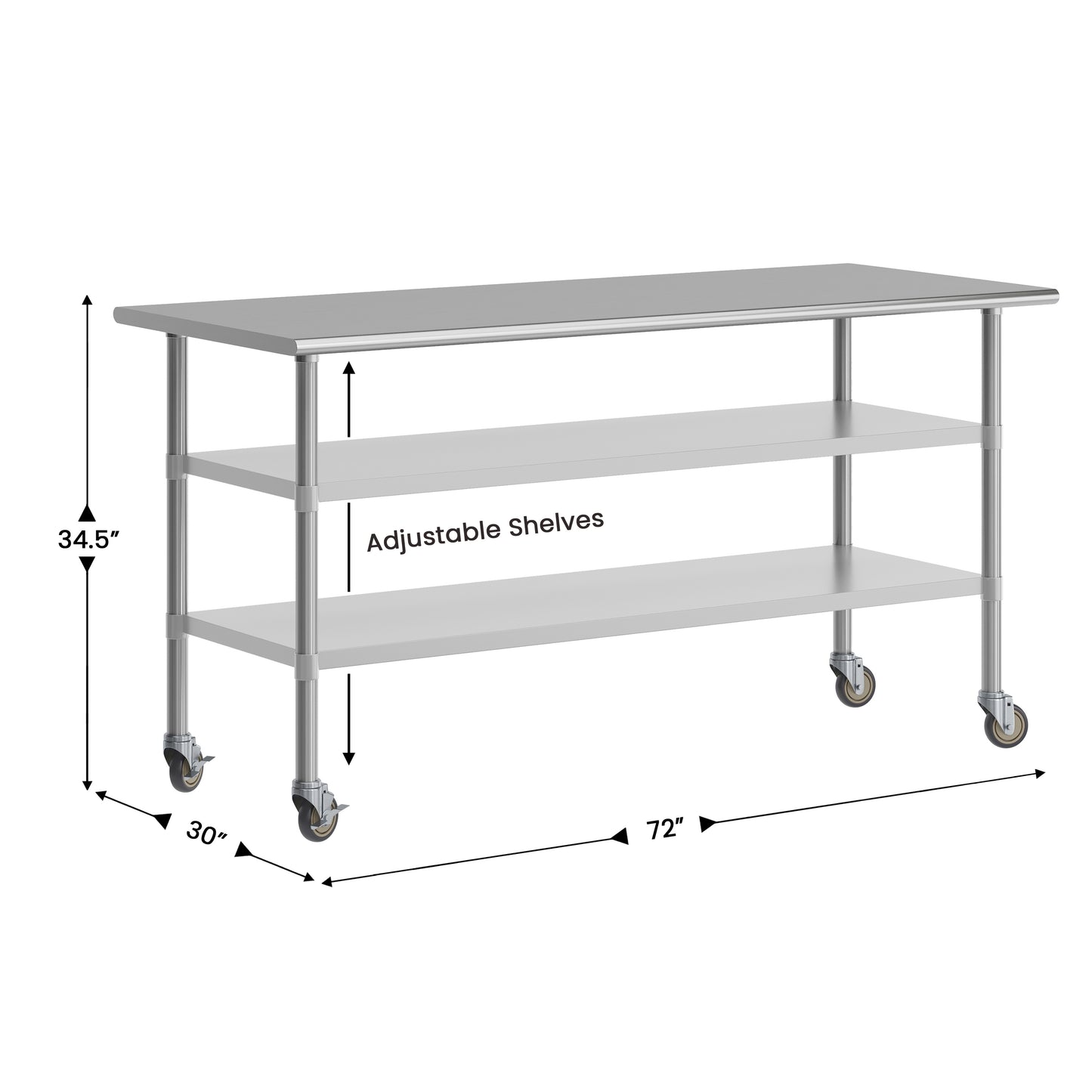 Reader NSF Certified Stainless Steel Prep and Work Table 30"x 72" with 2 Galvanized Steel Undershelves and 4 Casters, Heavy Duty Food Prep Worktable Stainless Steel