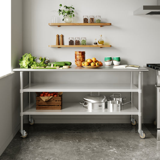 Reader NSF Certified Stainless Steel Prep and Work Table 30"x 72" with 2 Galvanized Steel Undershelves and 4 Casters, Heavy Duty Food Prep Worktable Stainless Steel