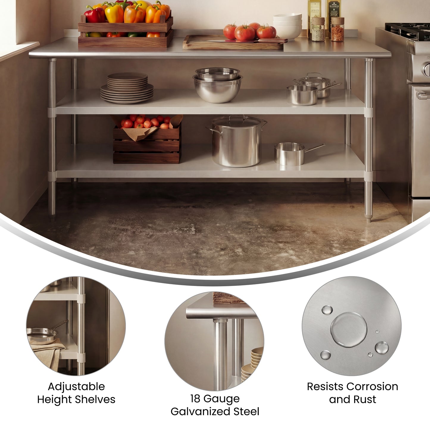 Ravenel Stainless Steel 18 Gauge Work Table with 2 Undershelves - 72"W x 30"D x 34.5"H, NSF Stainless Steel