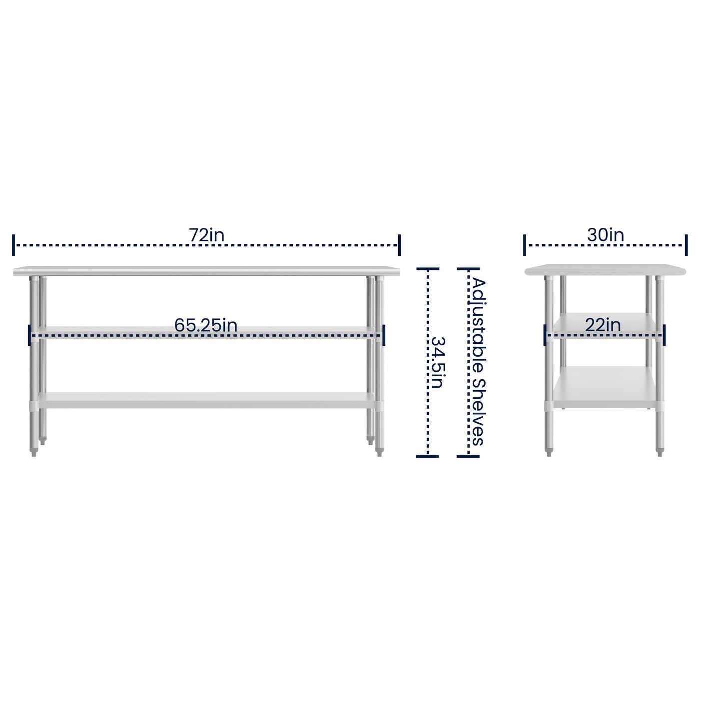 Ravenel Stainless Steel 18 Gauge Work Table with 2 Undershelves - 72"W x 30"D x 34.5"H, NSF Stainless Steel