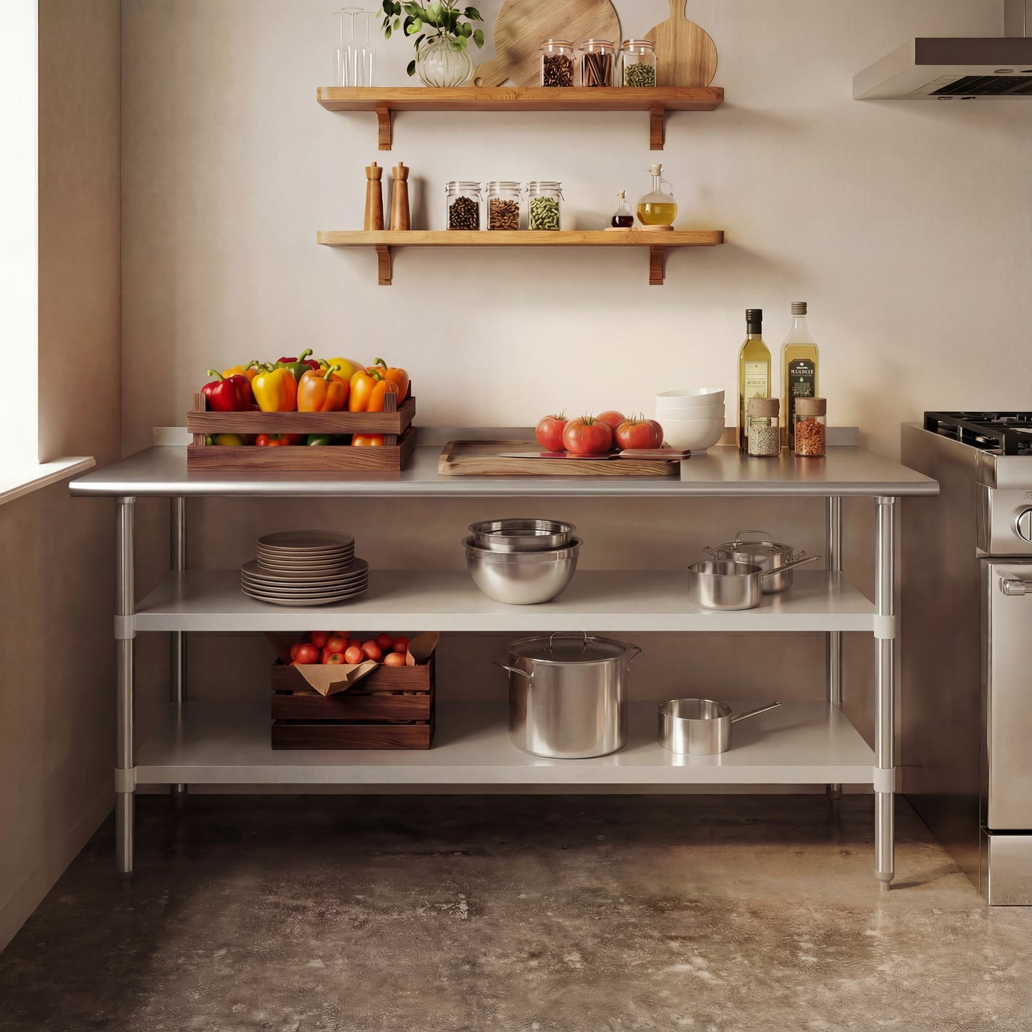 Ravenel Stainless Steel 18 Gauge Work Table with 2 Undershelves - 72"W x 30"D x 34.5"H, NSF Stainless Steel