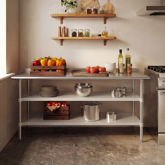 Ravenel Stainless Steel 18 Gauge Work Table with 2 Undershelves - 72"W x 30"D x 34.5"H, NSF Stainless Steel