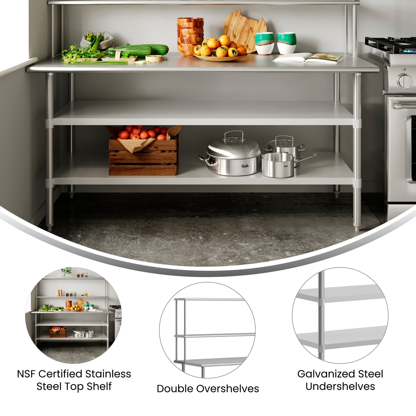 Reader Portable Prep and Work Table with NSF Certified 18 Gauge Stainless Steel Top Shelf and Double Overshelves and 2 Galvanized Steel Undershelves Stainless Steel