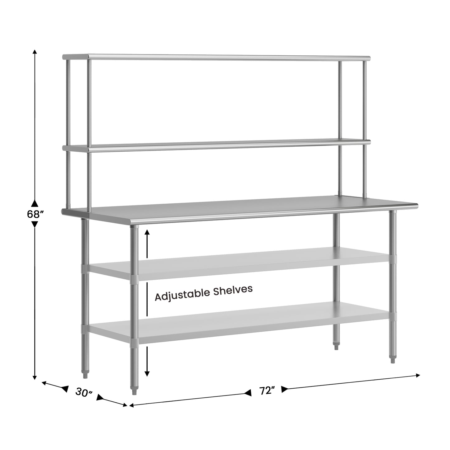 Reader Portable Prep and Work Table with NSF Certified 18 Gauge Stainless Steel Top Shelf and Double Overshelves and 2 Galvanized Steel Undershelves Stainless Steel