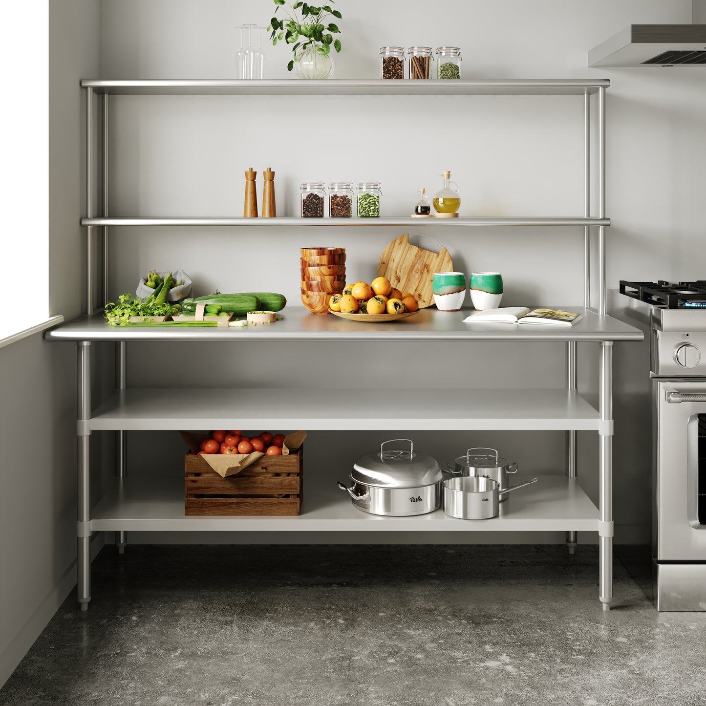 Reader Portable Prep and Work Table with NSF Certified 18 Gauge Stainless Steel Top Shelf and Double Overshelves and 2 Galvanized Steel Undershelves Stainless Steel