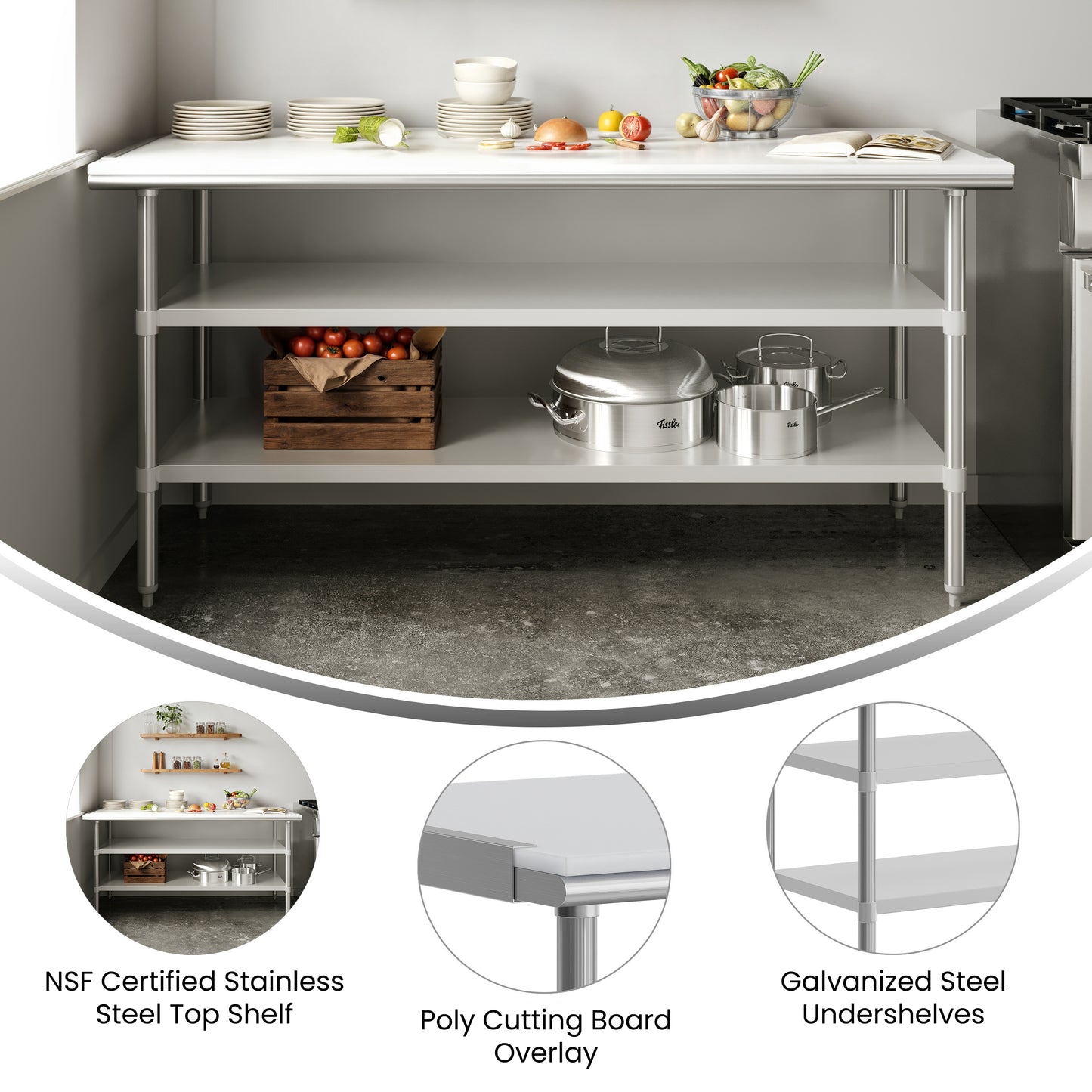 Reader Portable Prep and Work Table with NSF Certified 18 Gauge Stainless Steel Top Shelf with Poly Cutting Board and 2 Galvanized Steel Undershelves Stainless Steel