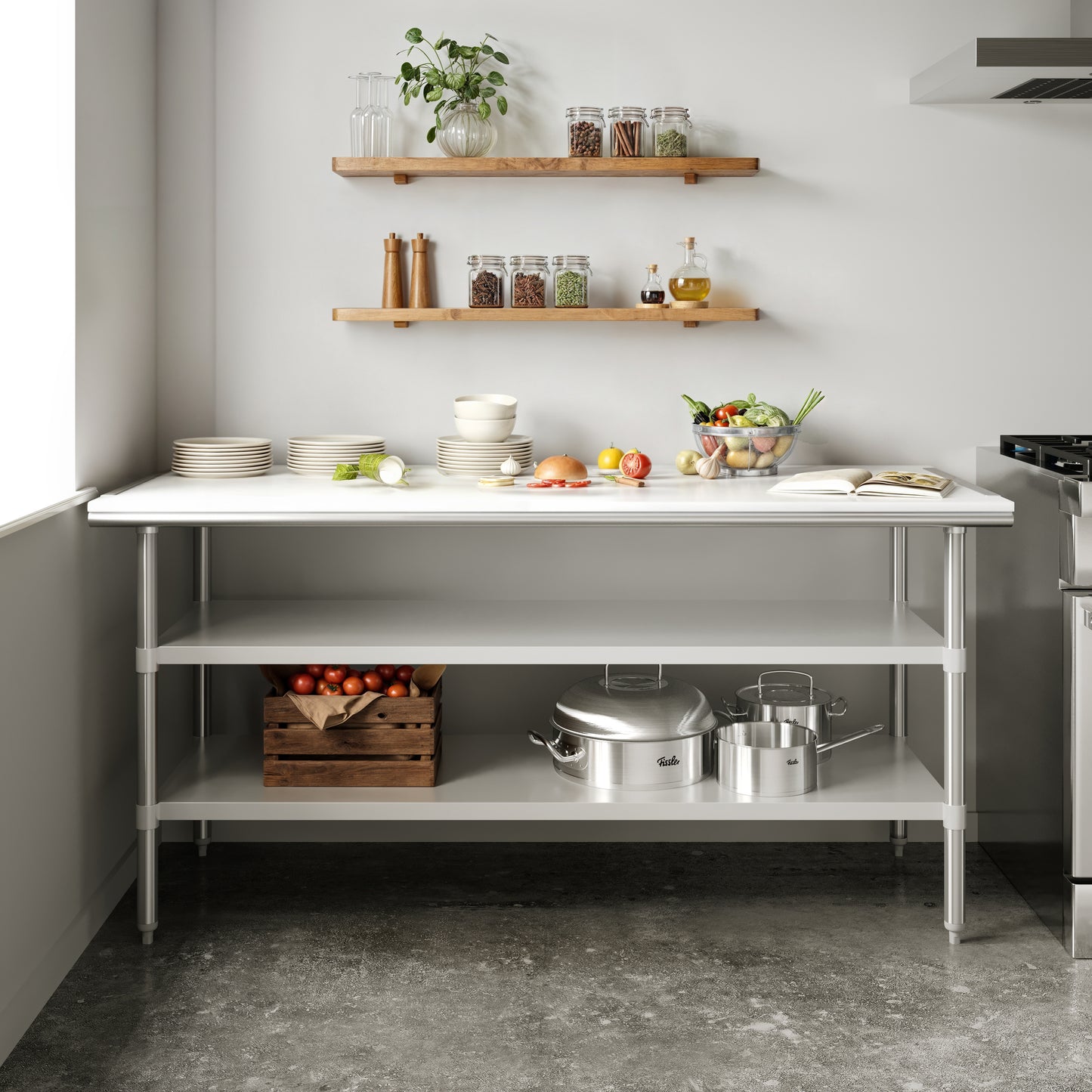 Reader Portable Prep and Work Table with NSF Certified 18 Gauge Stainless Steel Top Shelf with Poly Cutting Board and 2 Galvanized Steel Undershelves Stainless Steel
