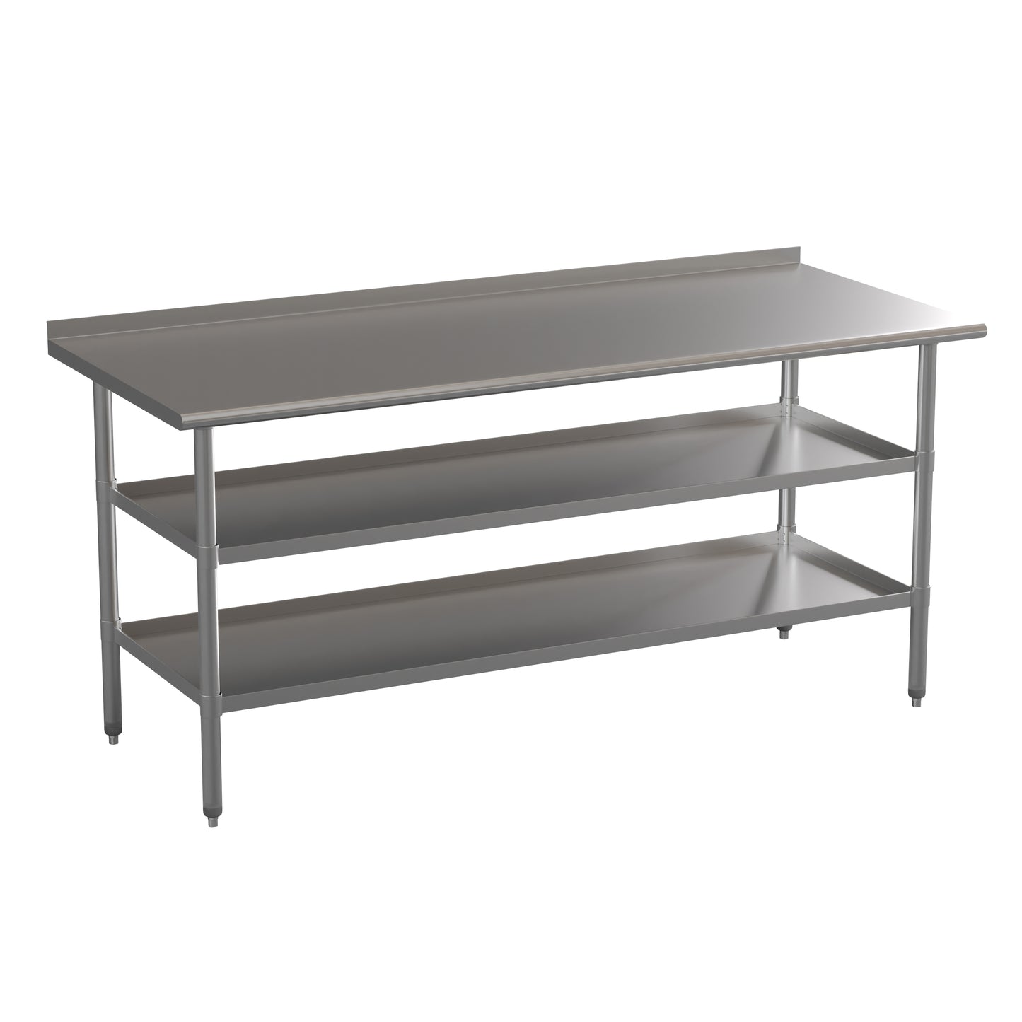 Ravenel Stainless Steel 18 Gauge Work Table with 1.5" Backsplash and 2 Undershelves - 72"W x 30"D x 34.5"H, NSF Stainless Steel